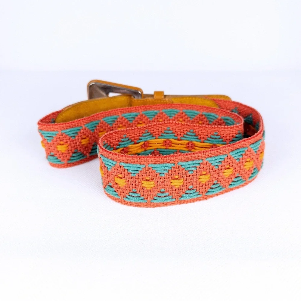 Boho Vintage Coral Turquoise Woven Textile Belt Leather Buckle Geometric 70s